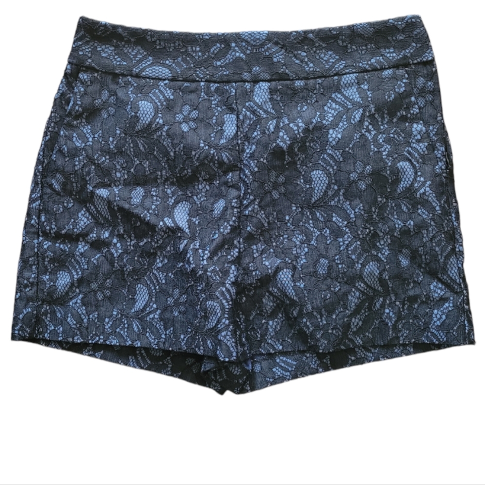 EXPRESS Lace Shorts With Side Closure - Blue, Black Lace Overlay Size 2